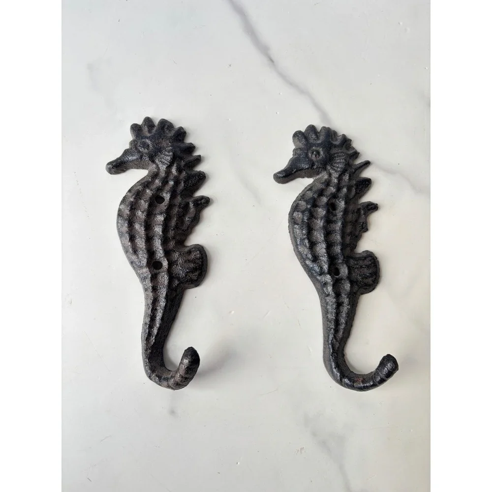 Vintage Cast Iron Seahorse Wall Hooks Set of 2 Coastal Nautical Decor Brown 5